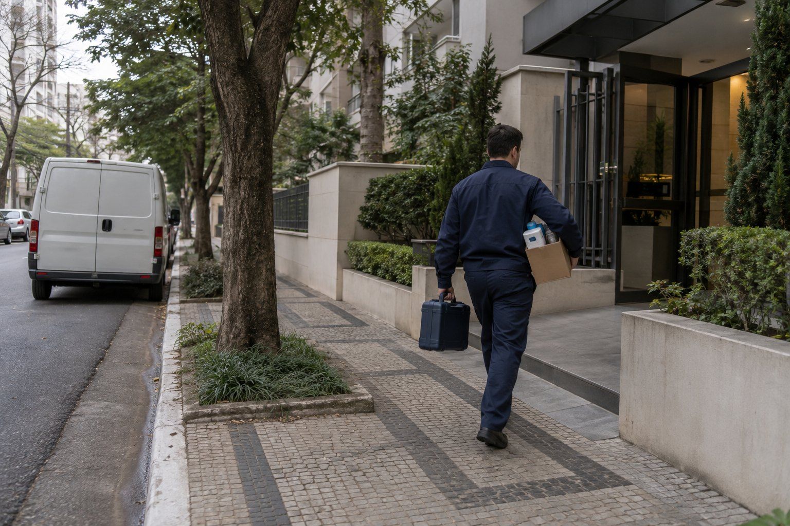Técnico da Boreal chegando a um prédio residencial no Tatuapé com maleta e caixa de refis