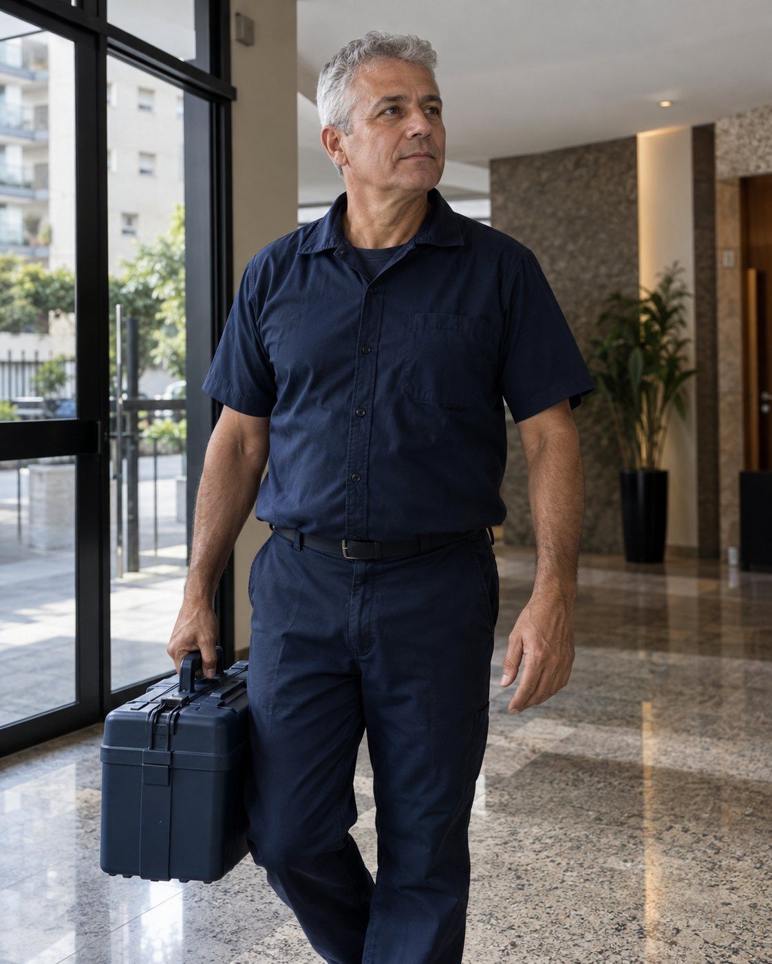 Técnico grisalho da Boreal em pé no hall de entrada de um prédio residencial